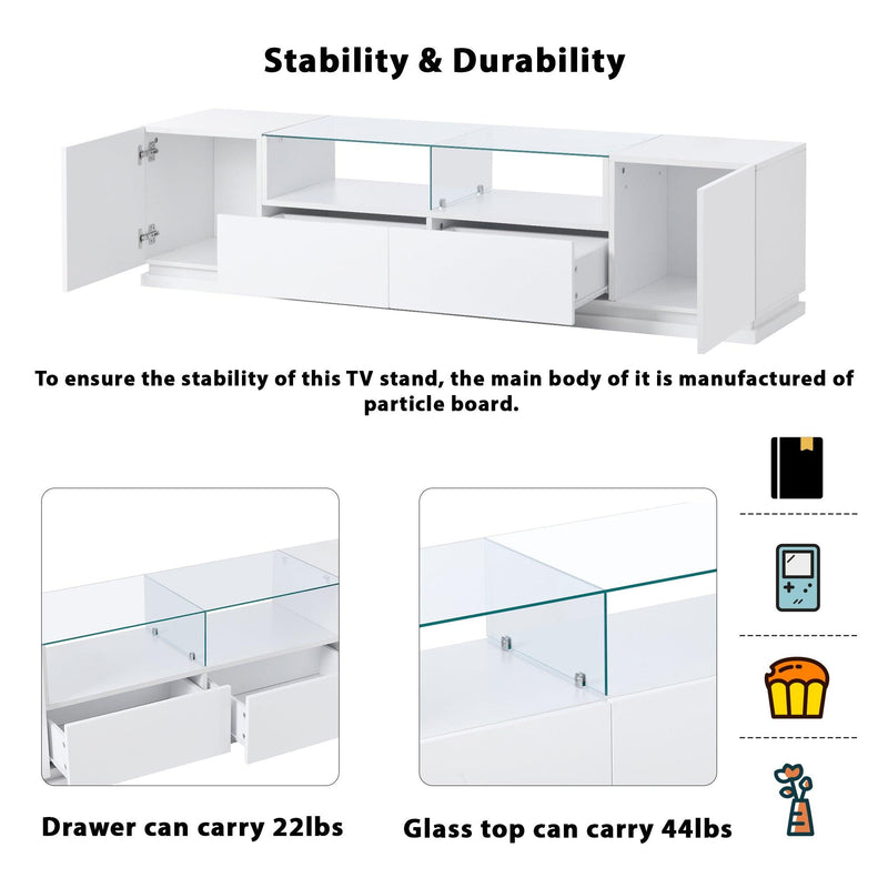 TV Stand with Tempered Glass,Modern High Gloss Entertainment Center for TVs Up to 70”, TV Cabinet withStorage and LED Color Changing Lights for Living Room, White - Urban Living Furniture (Los Angeles, CA)