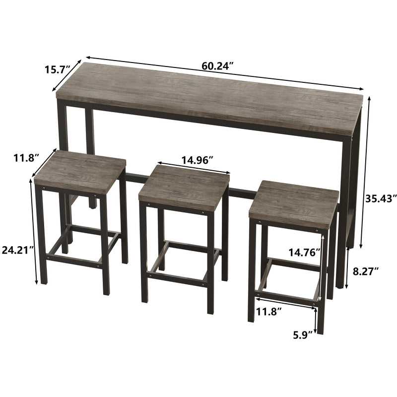 Modern Design Kitchen Dining Table，Pub Table，Long Dining Table Set with 3 Stools，Easy Assembly， Brown Gray