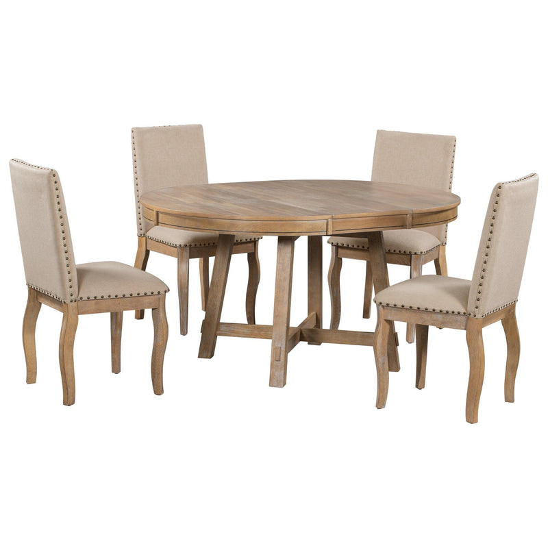 5-Piece Farmhouse Dining Table Set Wood Round Extendable Dining Table and 4 Upholstered Dining Chairs (Natural Wood Wash) - Urban Living Furniture (Los Angeles, CA)