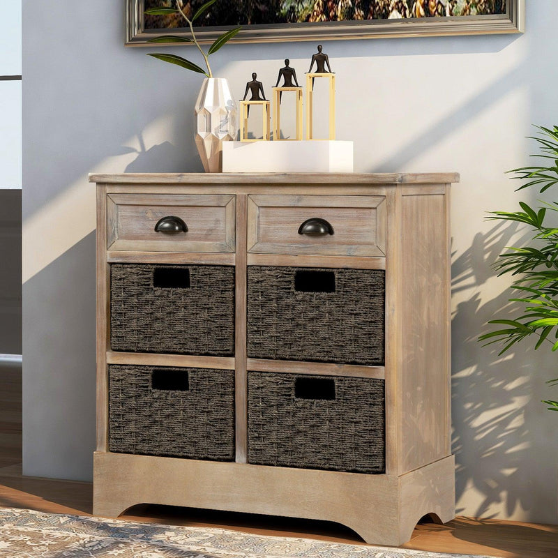 RusticStorage Cabinet with Two Drawers and Four Classic Rattan Basket for Dining Room/Living Room (White Washed) - Urban Living Furniture (Los Angeles, CA)