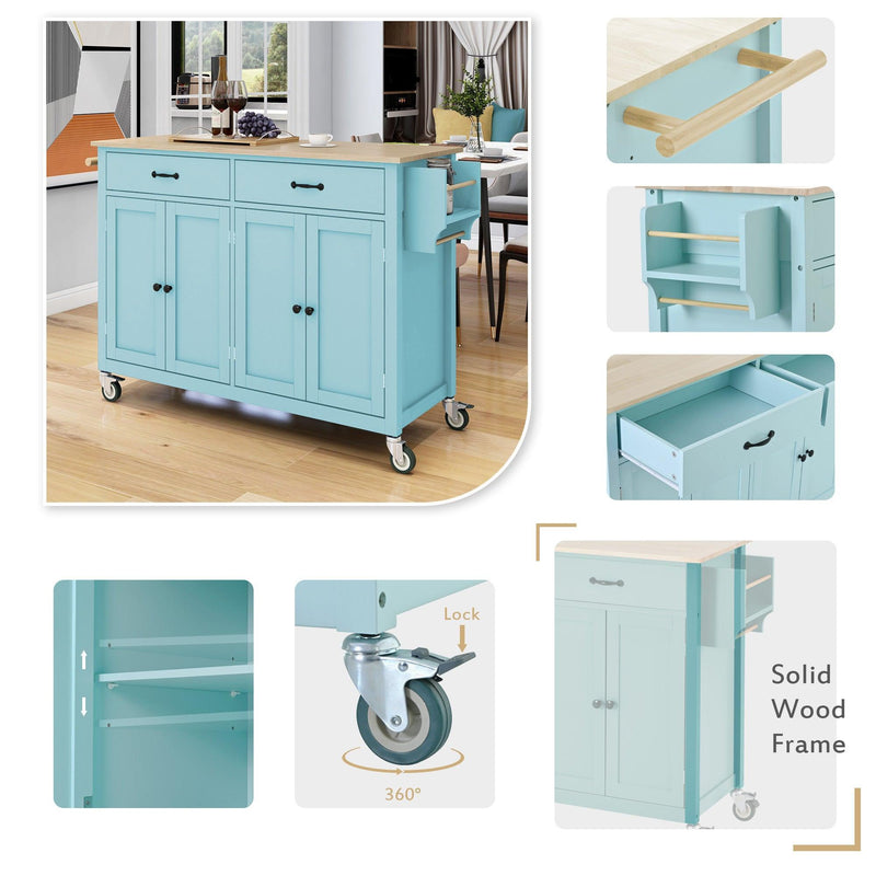 Kitchen Island Cart with 4 Door Cabinet and Two Drawers and 2 Locking Wheels - Solid Wood Top, Adjustable Shelves, Spice & Towel Rack（Mint Green） - Urban Living Furniture (Los Angeles, CA)