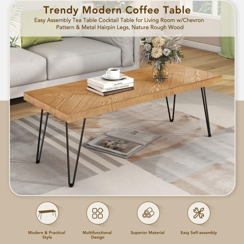 Modern Coffee Table, Easy Assembly Tea Table, Thicken Cocktail Table with w/Chevron Pattern & Metal Hairpin Legs for Living Room, Ash Wood Finished - Urban Living Furniture (Los Angeles, CA)