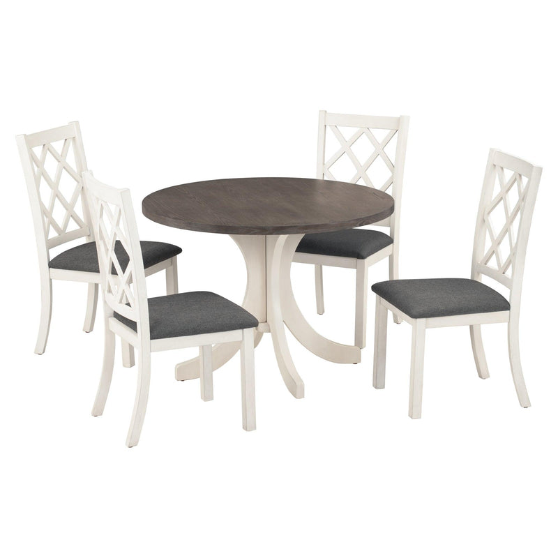 Mid-Century Solid Wood 5-Piece Round Dining Table Set, Kitchen Table Set with Upholstered Chairs for Small Places, Brown Table+Gray Chair - Urban Living Furniture (Los Angeles, CA)