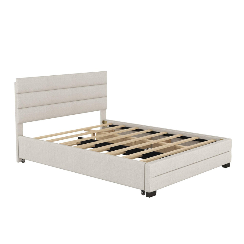 Queen Upholstered Platform Bed with Twin Size Trundle and Two Drawers, Beige - Urban Living Furniture (Los Angeles, CA)