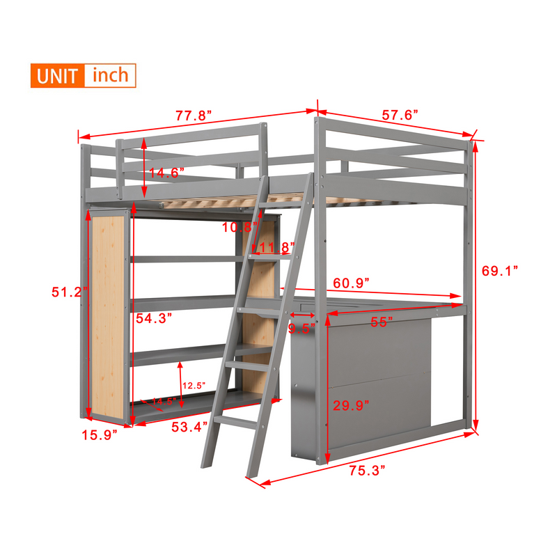 Full Size Loft Bed with Ladder, Shelves, and Desk, Gray