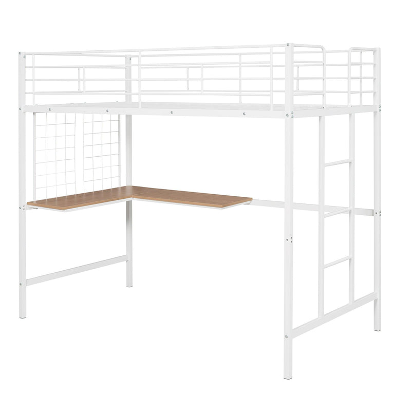 Twin Metal Loft Bed with Desk and Metal Grid,White