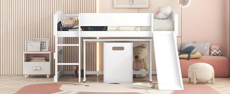 Low Study Twin Loft Bed with Rolling Portable Desk and Chair,Multiple Functions Bed- White - Urban Living Furniture (Los Angeles, CA)