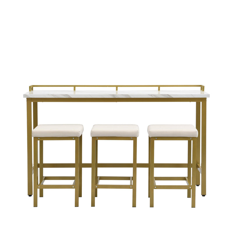 Modern 4-Piece Counter Height Extra Long Console Dining Table Set Bar Kitchen Set with 3 Fabric Stools, ld+Beige