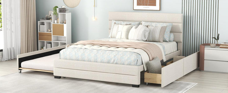 Queen Upholstered Platform Bed with Twin Size Trundle and Two Drawers, Beige - Urban Living Furniture (Los Angeles, CA)