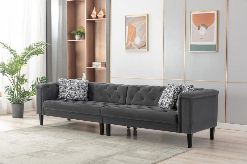 Mary Dark Gray Velvet Tufted Sofa Ottoman Living Room Set With 4 Accent Pillows