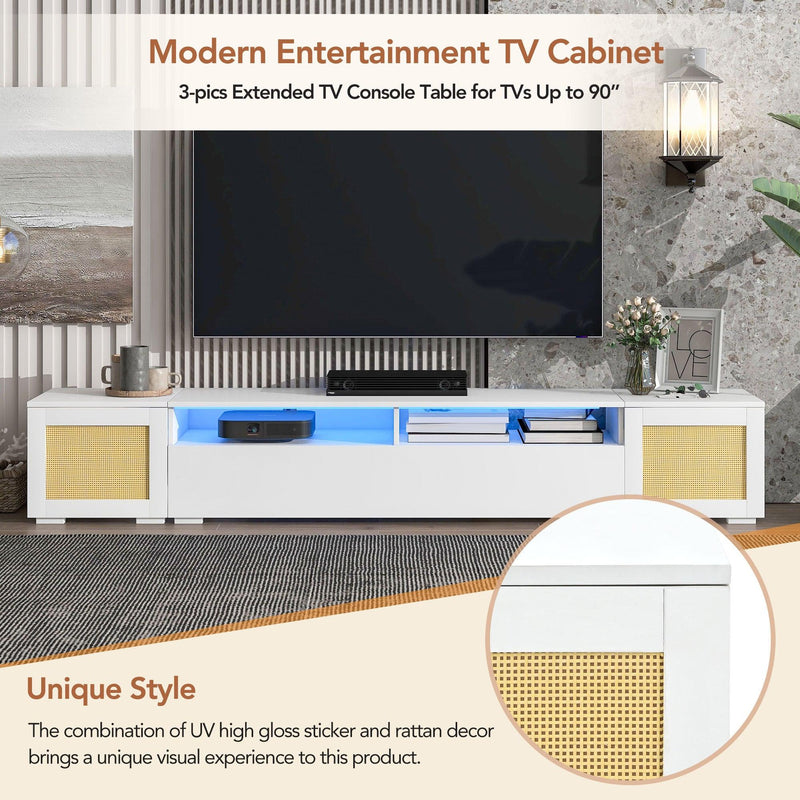 Rattan Style Entertainment Center with Push to Open Doors, 3-pics Extended TV Console Table for TVs Up to 90”,Modern TV Stand with Color Changing LED Lights for  Home Theatre, White - Urban Living Furniture (Los Angeles, CA)