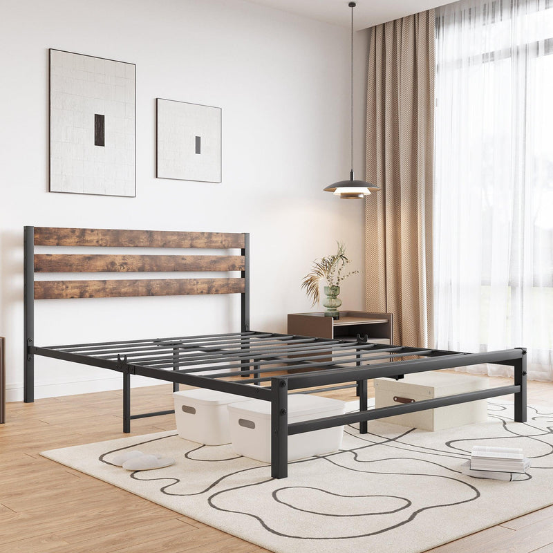 Platform Queen Size Bed Frame with Rustic Vintage Wood Headboard, Strong Metal Slats Support Mattress Foundation, No Box Spring Needed Rustic Brown - Urban Living Furniture (Los Angeles, CA)