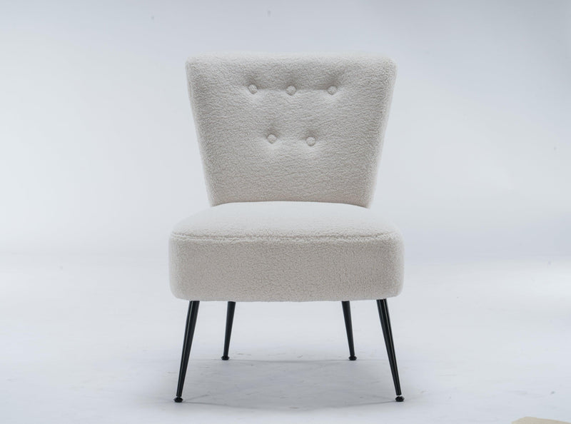 Tufted Back Teddy Fabric Farmhouse Slipper Chair Accent Chair With Black Metal Legs For Dining Room Living Room Bedroom,Ivory White