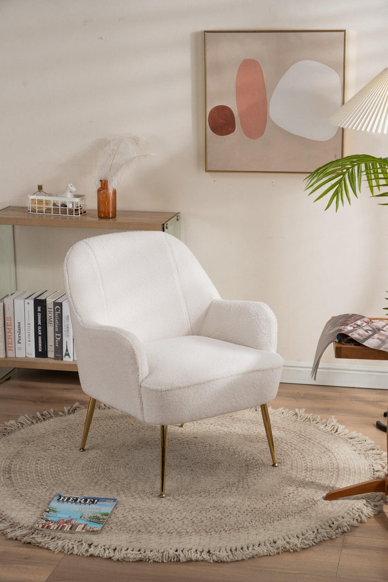 Modern Soft White Teddy fabric Ivory Ergonomics Accent Chair Living Room Chair Bedroom Chair Home Chair With Gold Legs And Adjustable Legs For Indoor Home - Urban Living Furniture (Los Angeles, CA)