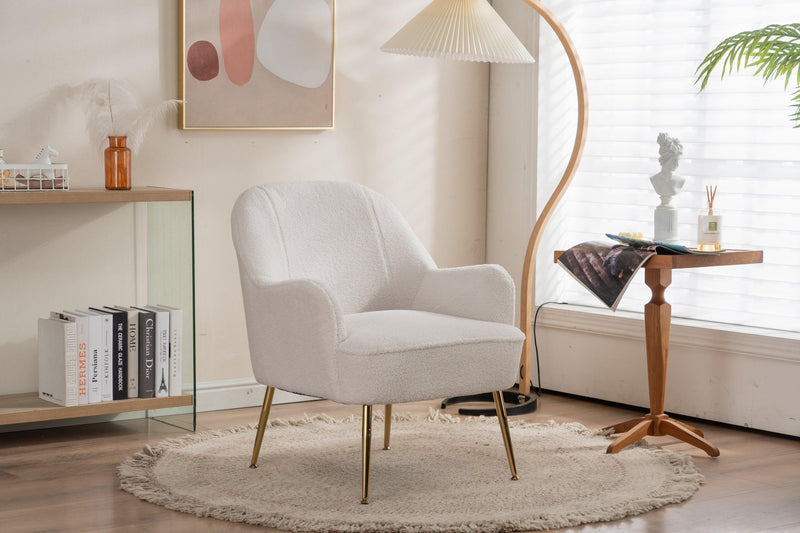 Modern Soft White Teddy fabric Ivory Ergonomics Accent Chair Living Room Chair Bedroom Chair Home Chair With Gold Legs And Adjustable Legs For Indoor Home - Urban Living Furniture (Los Angeles, CA)