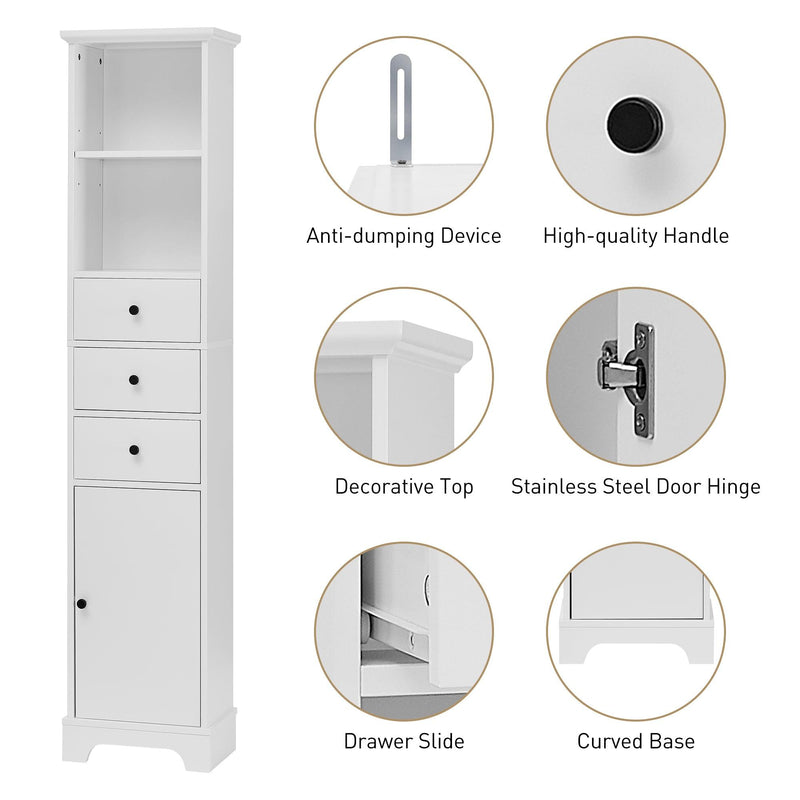 White Tall Bathroom Cabinet, FreestandingStorage Cabinet with 3 Drawers and Adjustable Shelf, MDF Board with Painted Finish - Urban Living Furniture (Los Angeles, CA)