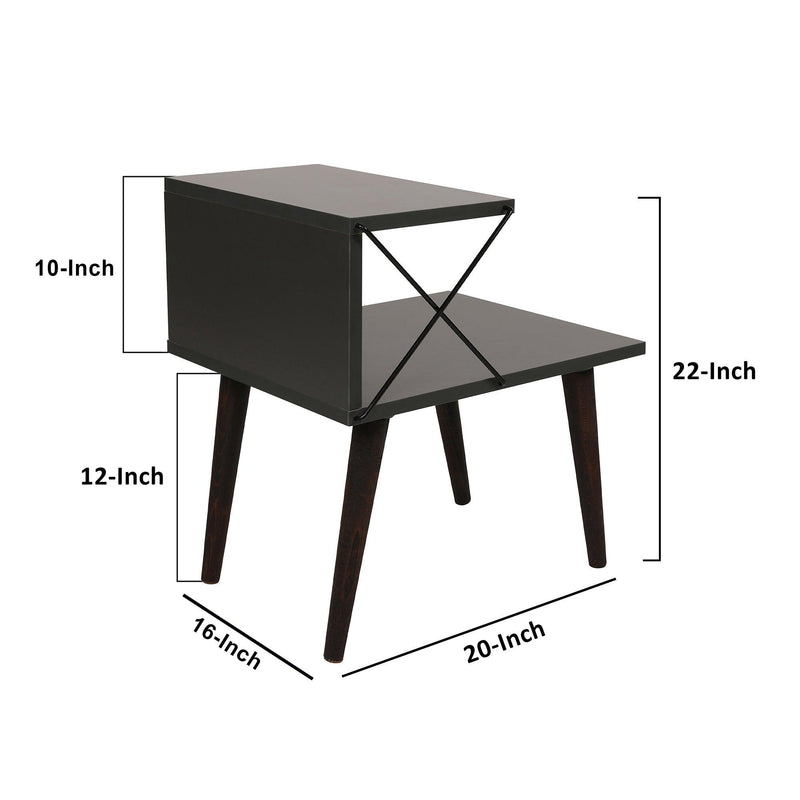 22 Inch Rectangular 2 Tier Wood  Nightstand Side Table, Crossed Metal Bar Frame, Angled Legs, Charcoal Gray, Brown - Urban Living Furniture (Los Angeles, CA)