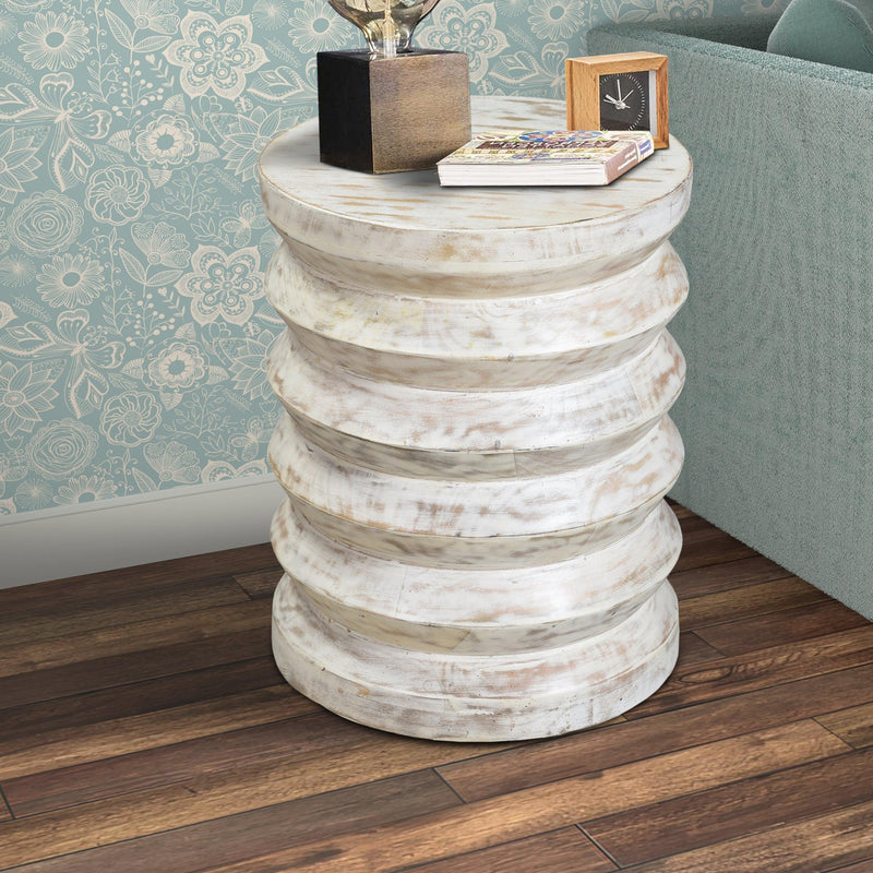 Round End Table with Spring Design Wooden Frame and Round Top, Washed White