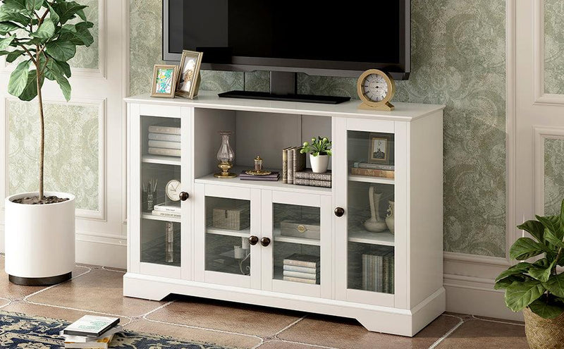 TV Stand for TV up to 60in with 4 Tempered Glass Doors Adjustable Panels Open Style Cabinet, Sideboard for Living room, White