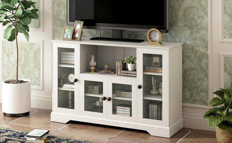 TV Stand for TV up to 60in with 4 Tempered Glass Doors Adjustable Panels Open Style Cabinet, Sideboard for Living room, White - Urban Living Furniture (Los Angeles, CA)