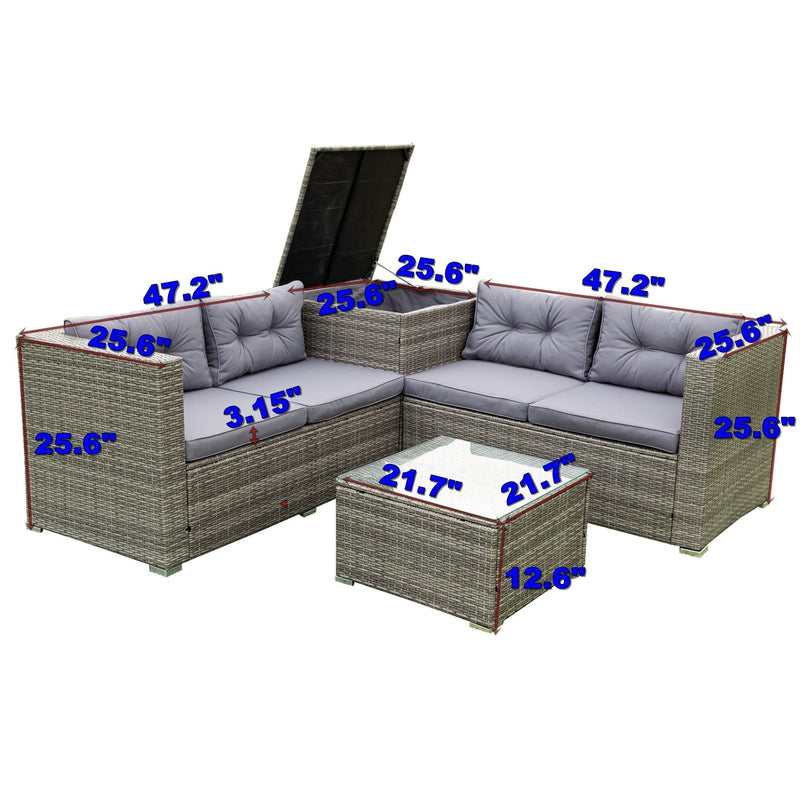 4 Piece Patio Sectional Wicker Rattan Outdoor Furniture Sofa Set withStorage Box Grey - Urban Living Furniture (Los Angeles, CA)