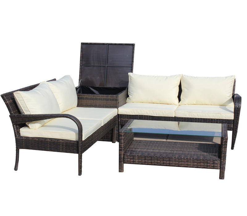 4 Piece Patio Sectional Wicker Rattan Outdoor Furniture Sofa Set withStorage Box Brown