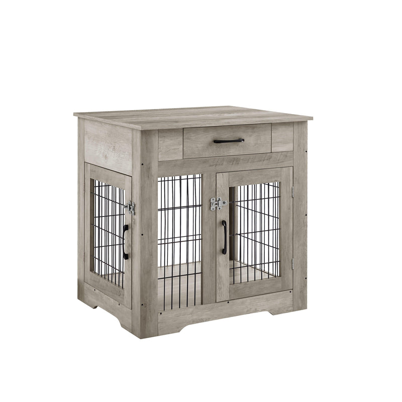 Furniture Style Dog Crate End Table with Drawer, Pet Kennels with Double Doors , Dog House Indoor Use, （Grey，29.92”w x 24.80” d x 30.71”h）