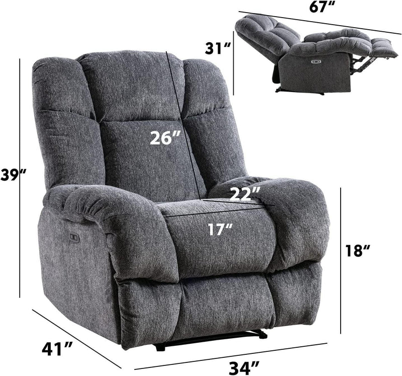 Electric Power Recliner Chairs with USB Charge Port, Electric Reclining Recliner with Upholstered Seat, Overstuffed Reclining Sofa Recliner for Living Room Bedroom (Dark Grey) - Urban Living Furniture (Los Angeles, CA)