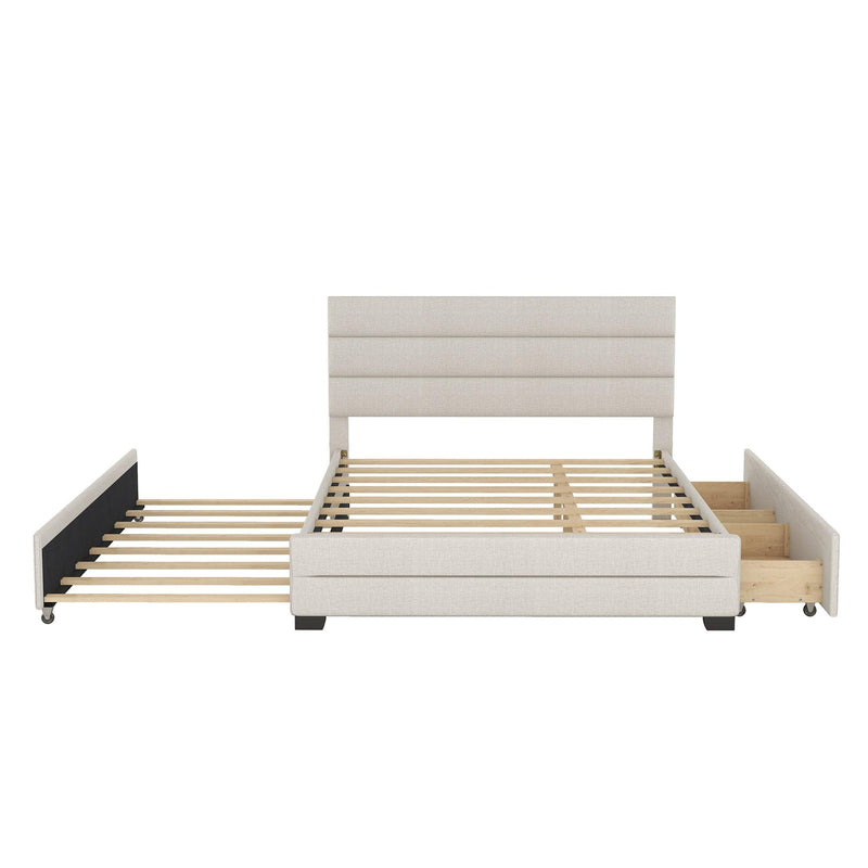 Queen Upholstered Platform Bed with Twin Size Trundle and Two Drawers, Beige - Urban Living Furniture (Los Angeles, CA)