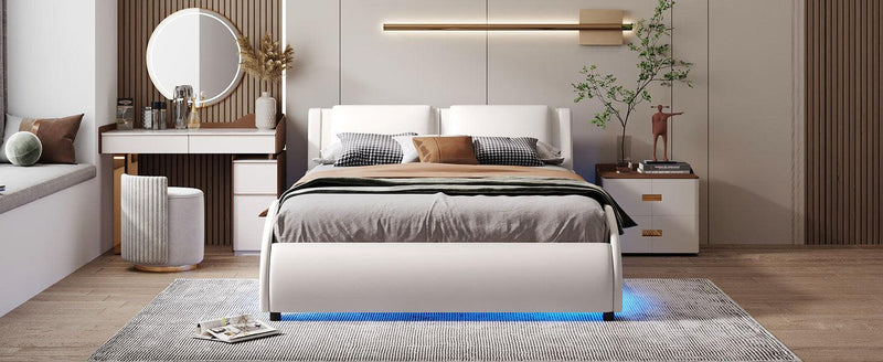 Full Size Upholstered Faux Leather Platform Bed with LED Light Bed Frame with Slatted - White