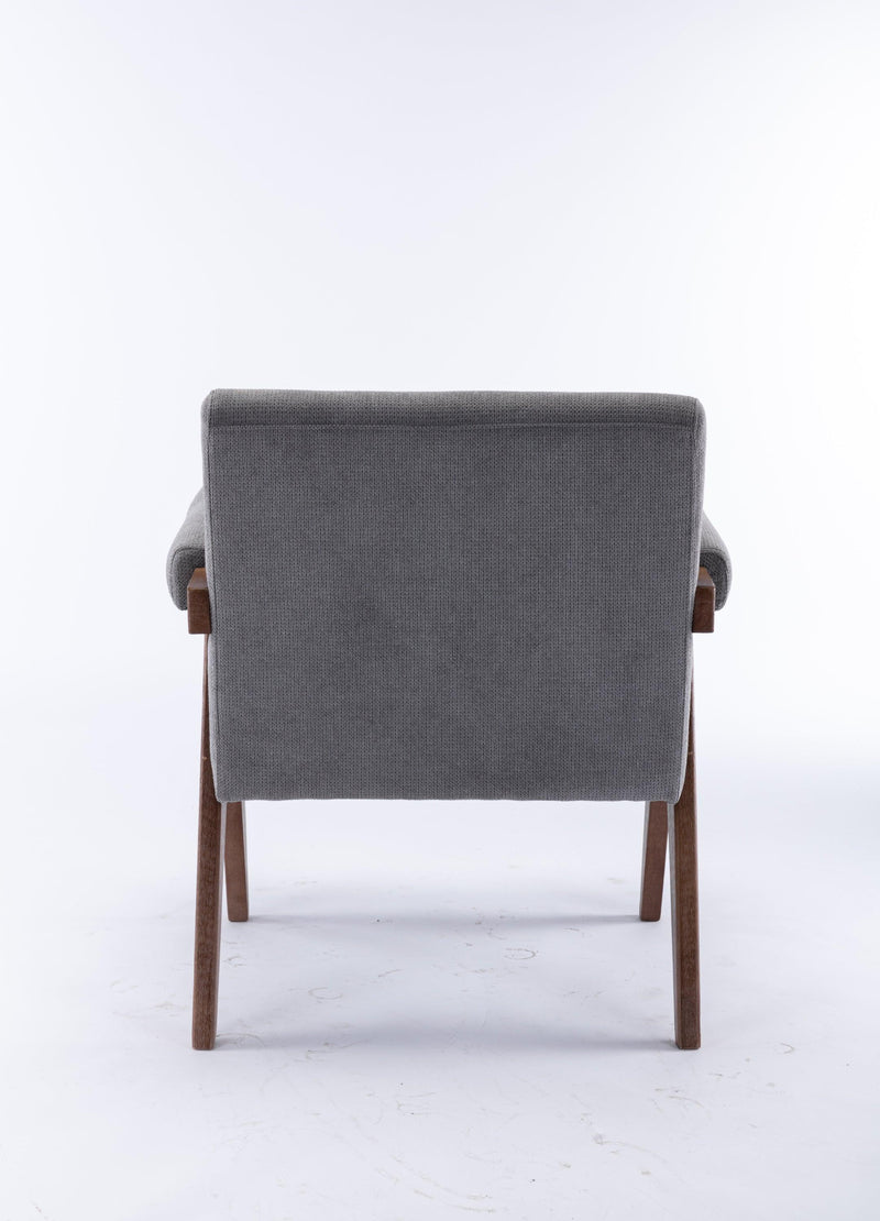 Accent chair, KD rubber wood legs with Walnut finish. Fabric cover the seat. With a cushion.Grey