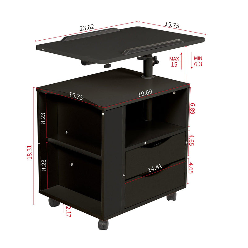 Height Adjustable Overbed End Table Wooden Nightstand with Swivel Top, Drawers, Wheels and Open Shelf,  Black - Urban Living Furniture (Los Angeles, CA)