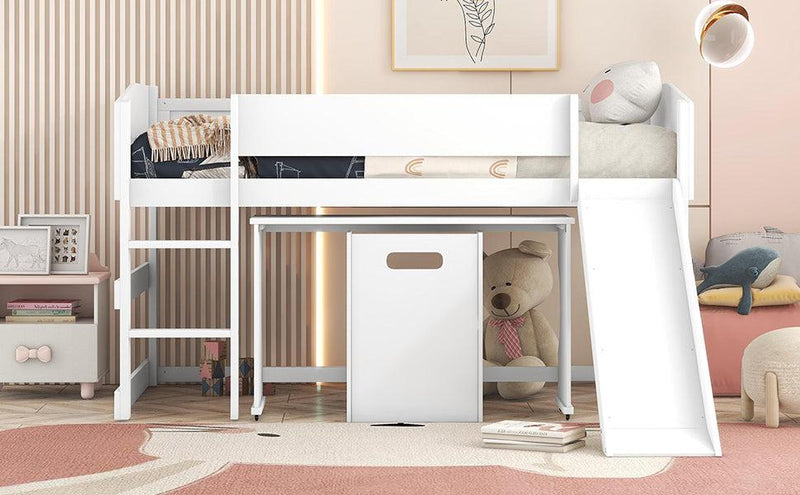 Low Study Twin Loft Bed with Rolling Portable Desk and Chair,Multiple Functions Bed- White - Urban Living Furniture (Los Angeles, CA)