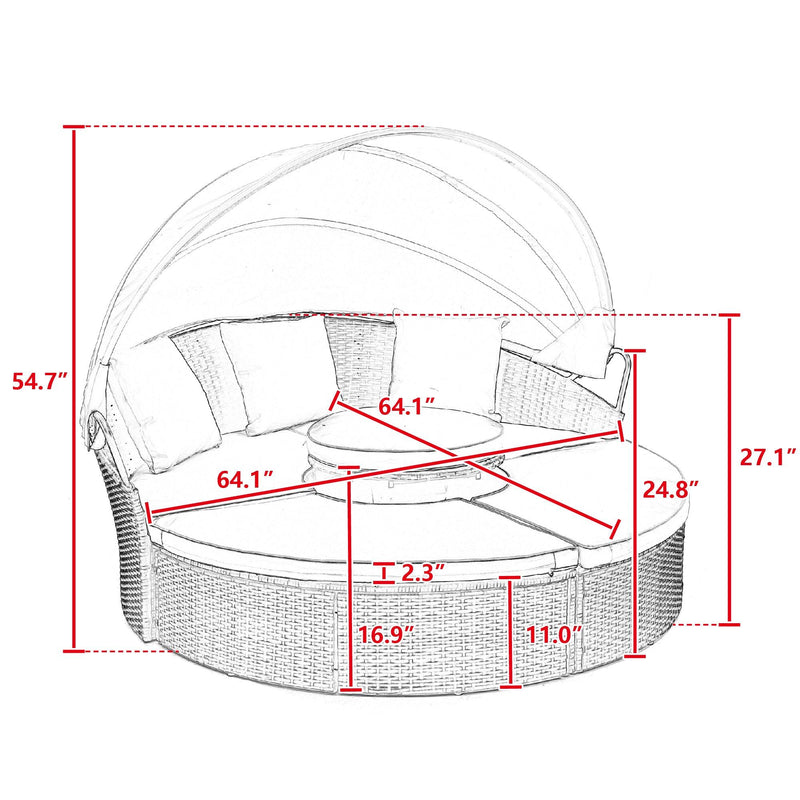 Wicker Rattan Round Lounge With Canopy, Lifted Coffee Table and Beige Cushions - Urban Living Furniture (Los Angeles, CA)