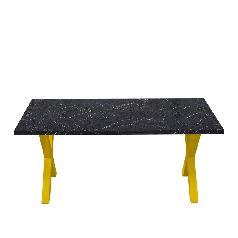 70.87"Modern Square Dining Table with Printed Black Marble Table Top+Gold X-Shape Table Leg