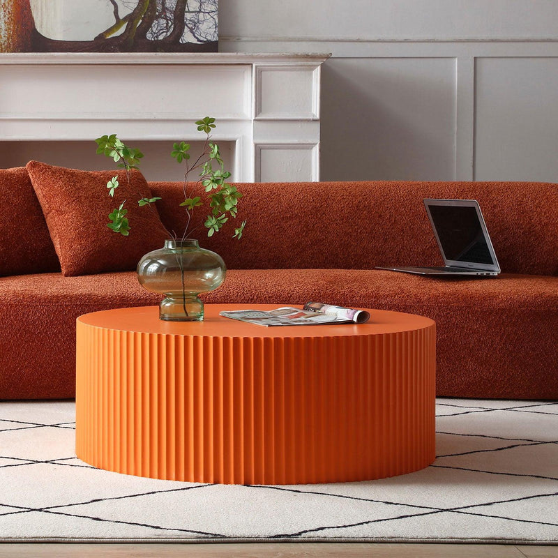 Stylish Round MDF Coffee Table with Handcraft Relief Design φ35.43inch, Bright Orange - Urban Living Furniture (Los Angeles, CA)