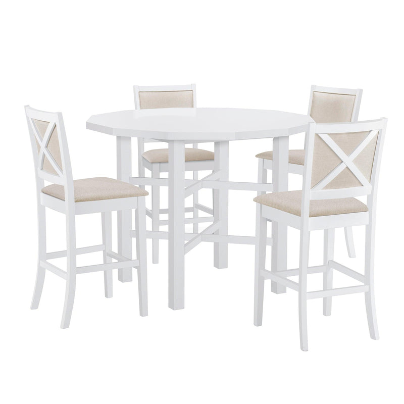 5-Piece Rubber Wood Counter Height Dining Table Set, Irregular Table with 4 High-back Cushioned Chairs for Small Place, White - Urban Living Furniture (Los Angeles, CA)