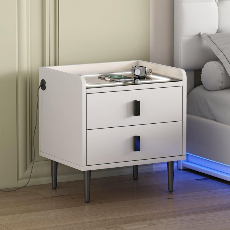 Nightstand with Wireless Charging Station,USB Charging and Adjustable LED Lights,Modern End Table with 2 Drawers for Bedroom,White