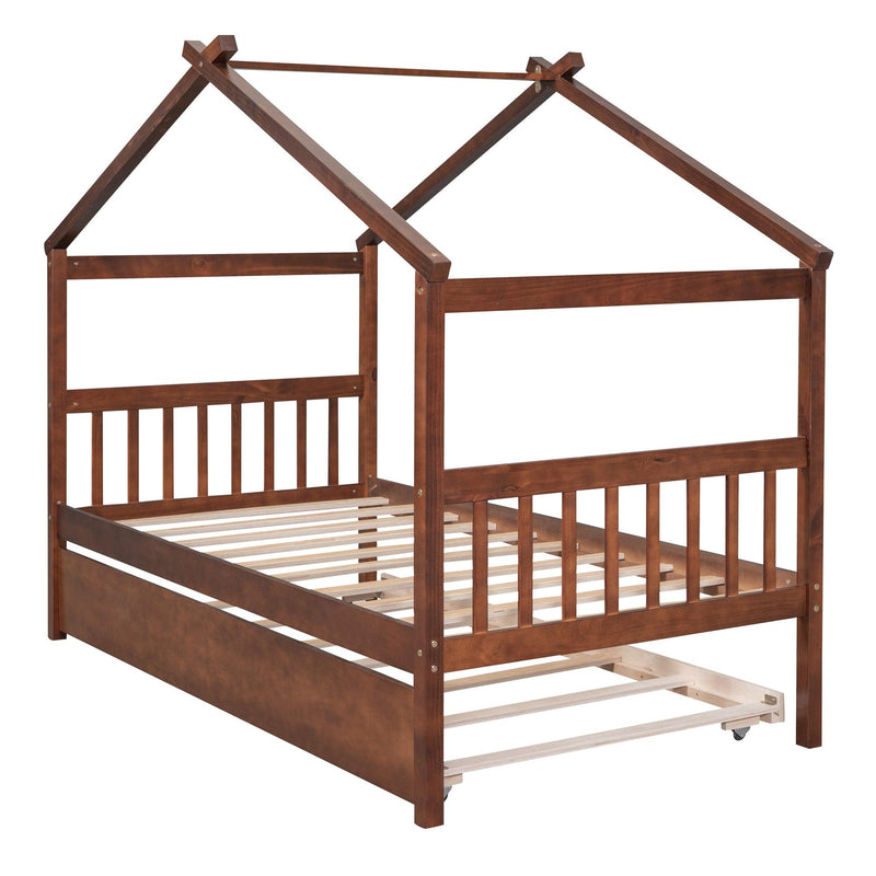 Twin Size Wooden House Bed with Twin Size Trundle, Walnut
