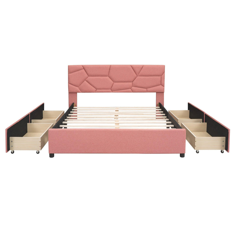 Queen Size Upholstered Platform Bed with Brick Pattern Heardboard and 4 Drawers, Linen Fabric, Pink - Urban Living Furniture (Los Angeles, CA)