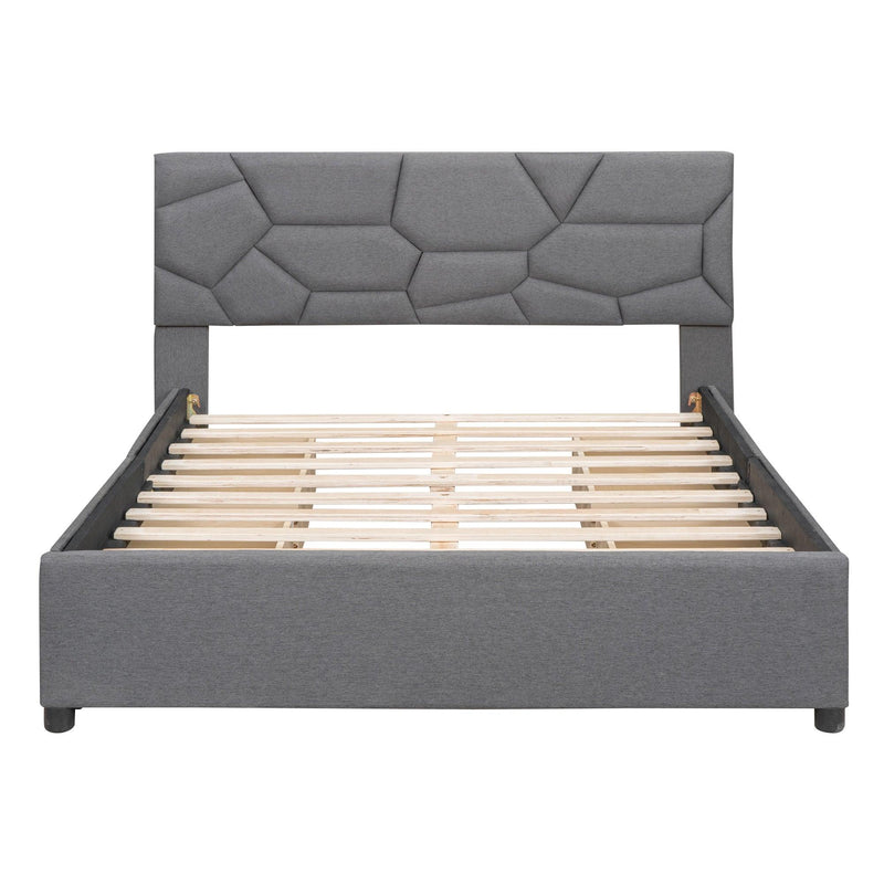 Full Size Upholstered Platform Bed with Brick Pattern Heardboard and 4 Drawers, Linen Fabric, Gray