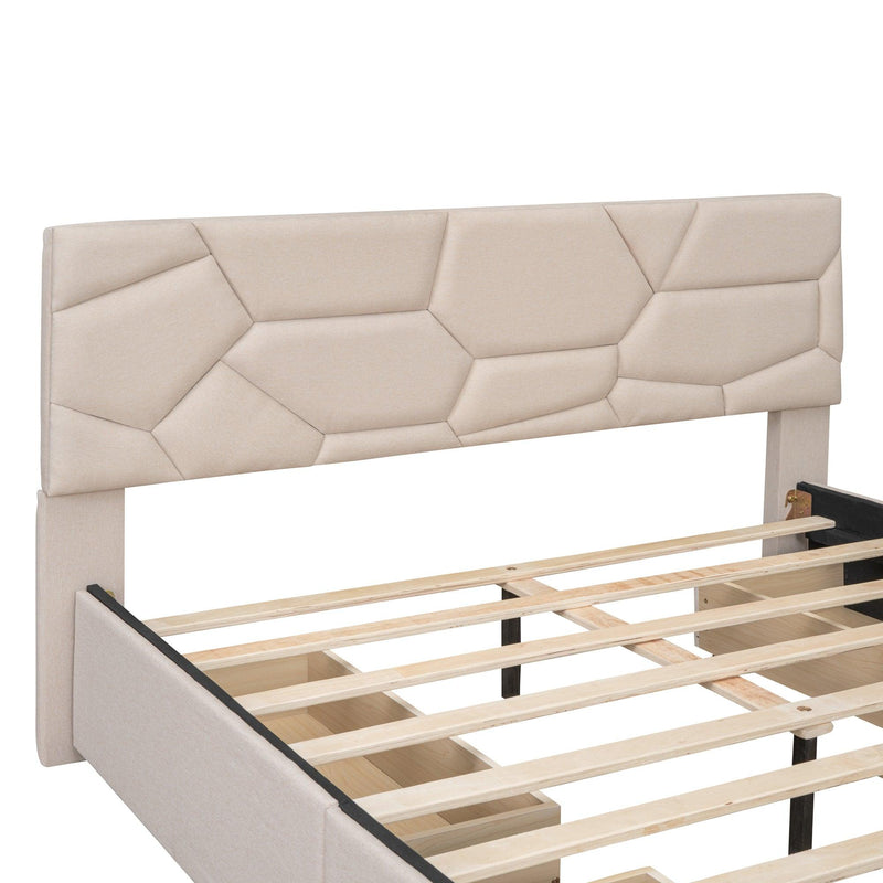 Queen Size Upholstered Platform Bed with Brick Pattern Heardboard and 4 Drawers, Linen Fabric, Beige - Urban Living Furniture (Los Angeles, CA)