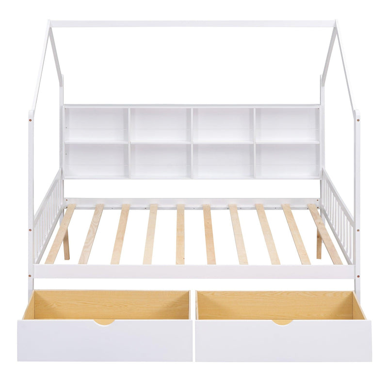 Wooden Full Size House Bed with 2 Drawers,Kids Bed withStorage Shelf, White