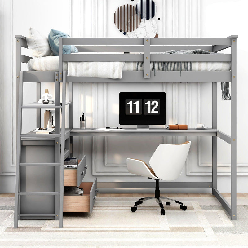 Full Size Loft Bed with Desk and Shelves,Two Built-in Drawers,Gray - Urban Living Furniture (Los Angeles, CA)