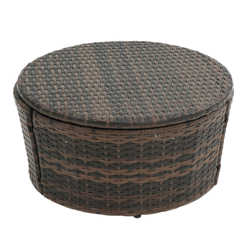 Wicker Rattan Round Lounge With Canopy, Lifted Coffee Table and Beige Cushions