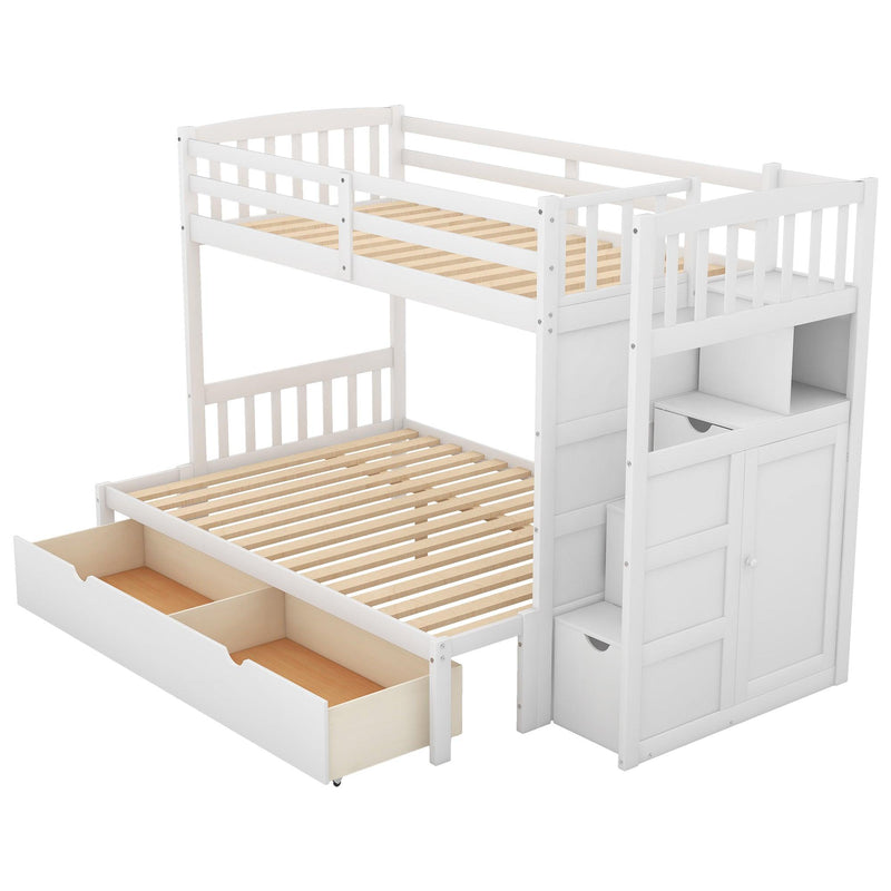 Twin over Twin or Twin over Full Convertible Bunk Bed withStorage Shelves and Drawers - White