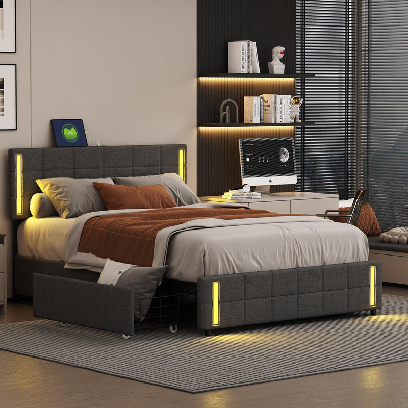 Queen Size Upholstered Platform Bed with LED Lights and USB Charging,Storage Bed with 4 Drawers, Dark Gray - Urban Living Furniture (Los Angeles, CA)