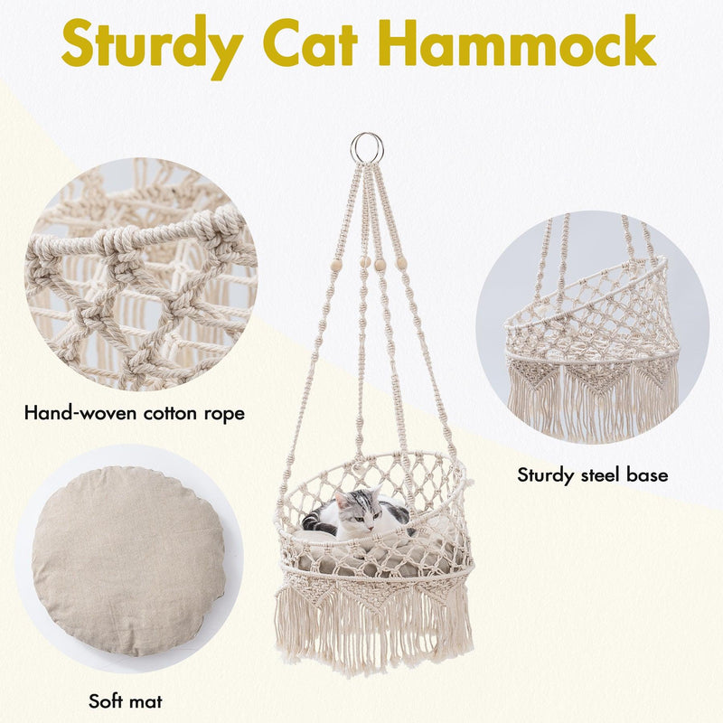 Macrame Cat Hammock, Hanging Cat Bed Hammock Cat Swing for Indoor Cats, Boho Cat Swing Bed for Sleeping - Urban Living Furniture (Los Angeles, CA)