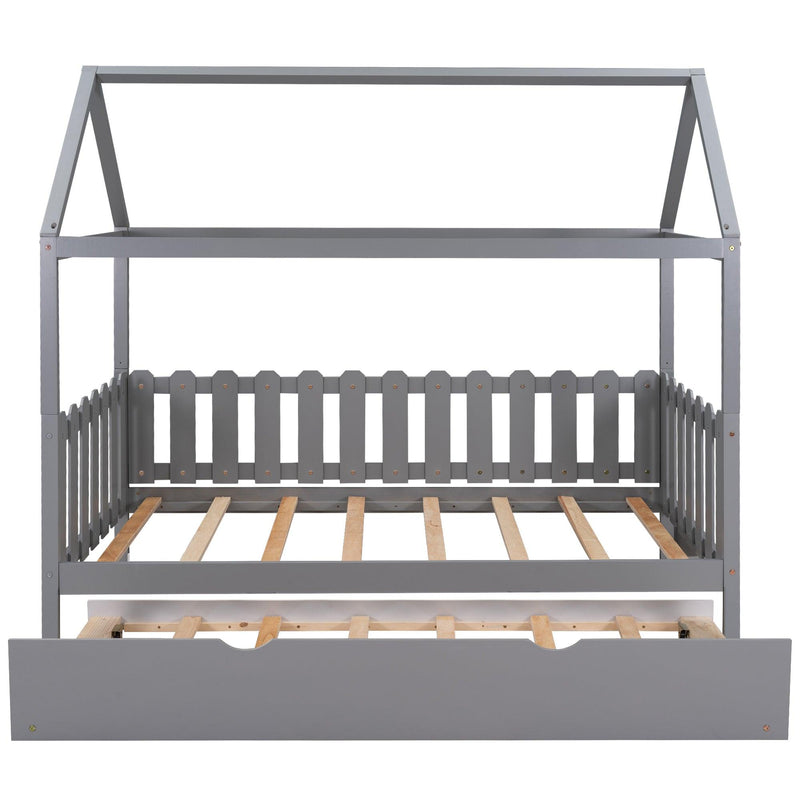 Twin Size House Bed with Trundle, Fence-shaped Guardrail, Gray(New) - Urban Living Furniture (Los Angeles, CA)