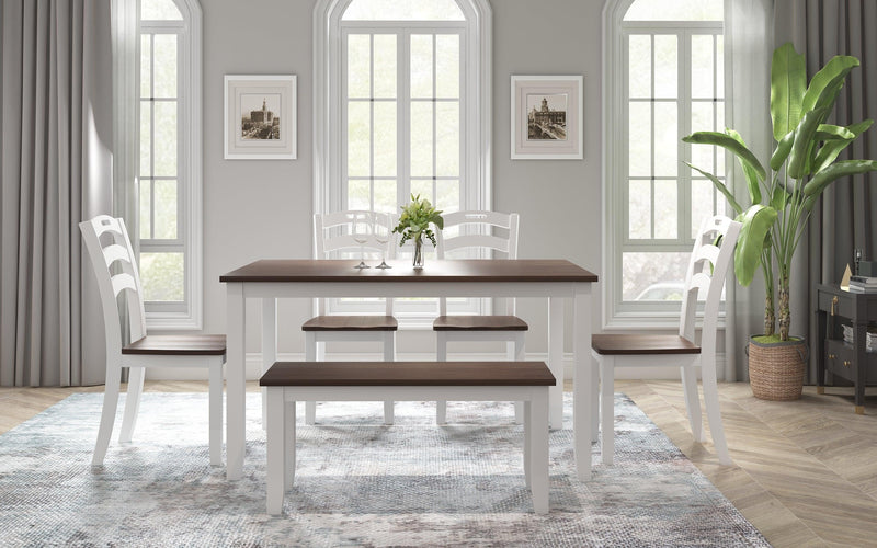 6 Piece Dining Table Set with Bench, Table Set with Waterproof Coat, Ivory and Cherry - Urban Living Furniture (Los Angeles, CA)